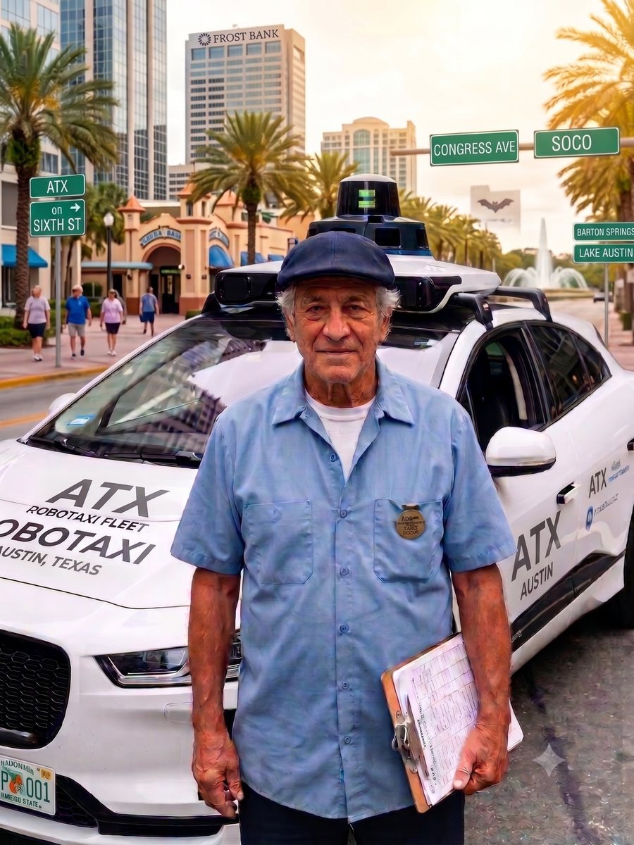 Paolo Cortez beside a robotaxi on Congress Avenue in Austin, the Frost Bank tower and Sixth Street signs behind him