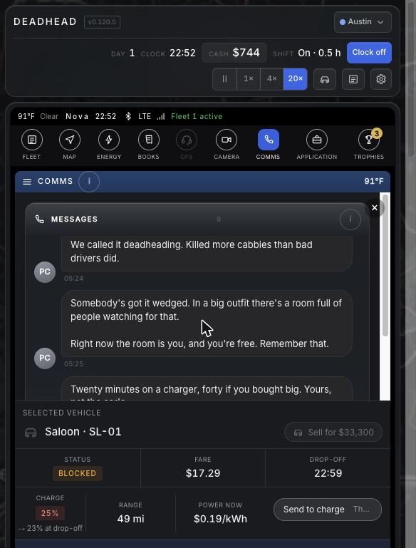 Paolo's message thread on the in-game phone, mid-conversation during the first shift
